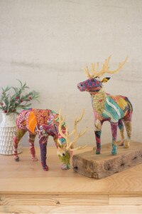 Set of 2 Kantha Covered Tabletop Reindeer