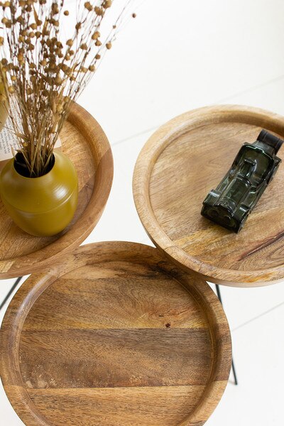 set of 3 round wooden top accent tables with metal legs