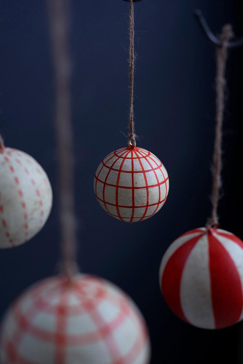 Holiday - Set of 4 Red and White Paper Mache Ornaments