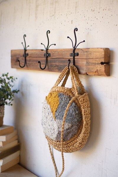 recycled wooden coat rack with three hand forged hangers