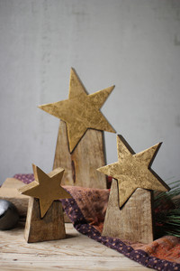 Set of 3 Gold Wooden Christmas Star Sculptures