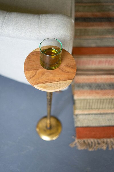 Antique Brass Cocktail Table with Acacia Wood Top Detail