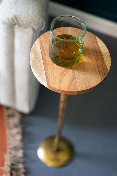 Antique Brass Cocktail Table with Acacia Wood Top Detail