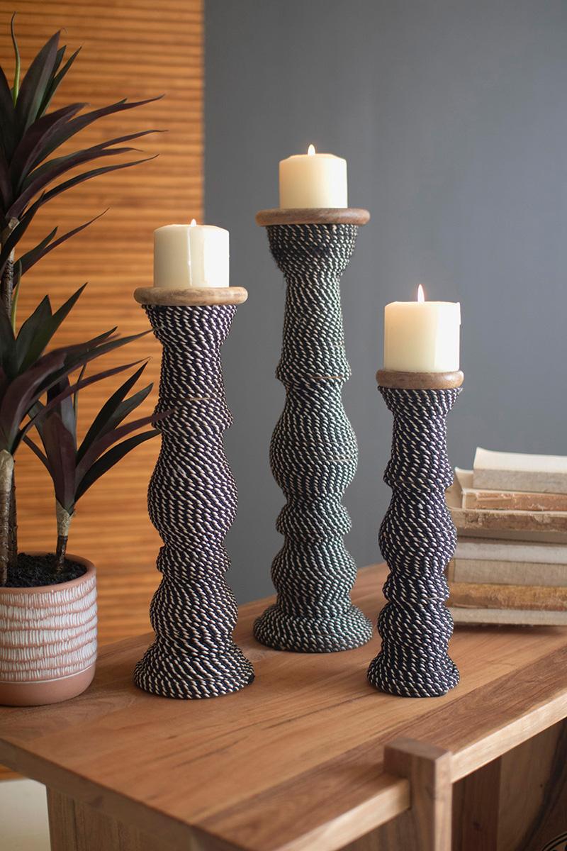Candleholders - Set 3 Wooden Candle Holders Wrapped with Black & White String