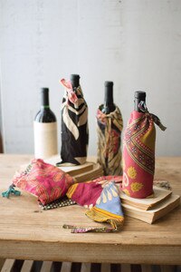Set of 6 Recycled Kantha Wine Pouches