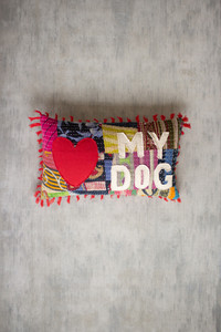 Recycled Kantha "Love My Dog" Pillow with Tassels