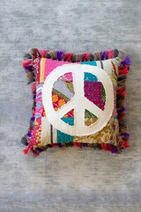 Recycled Kantha Peace Sign Pillow with Fringe Border