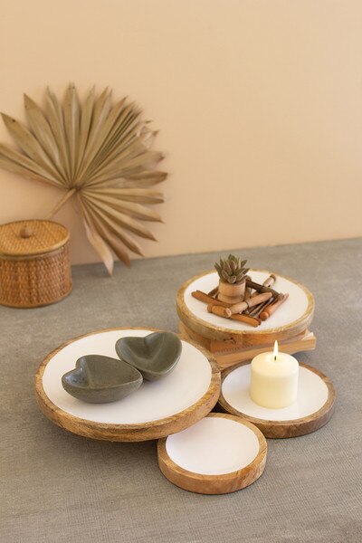 Branches blossom artificial cherry tree branch blossoms wood set of 4 round white enamel wooden trays