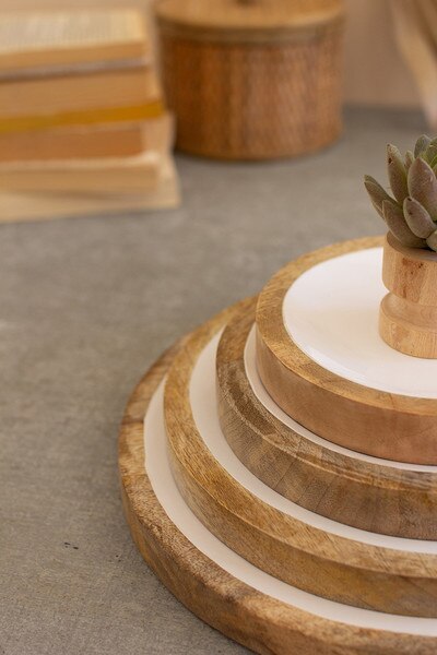 set of 4 round white enamel wooden trays