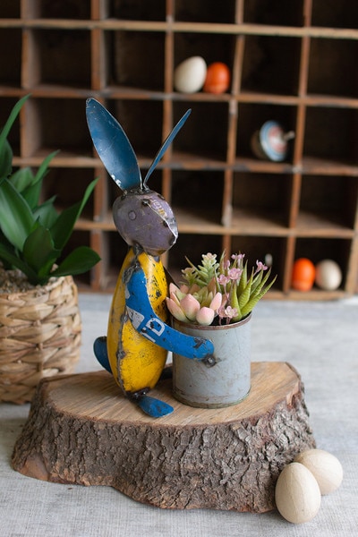 recycled iron rabbit with flower pot