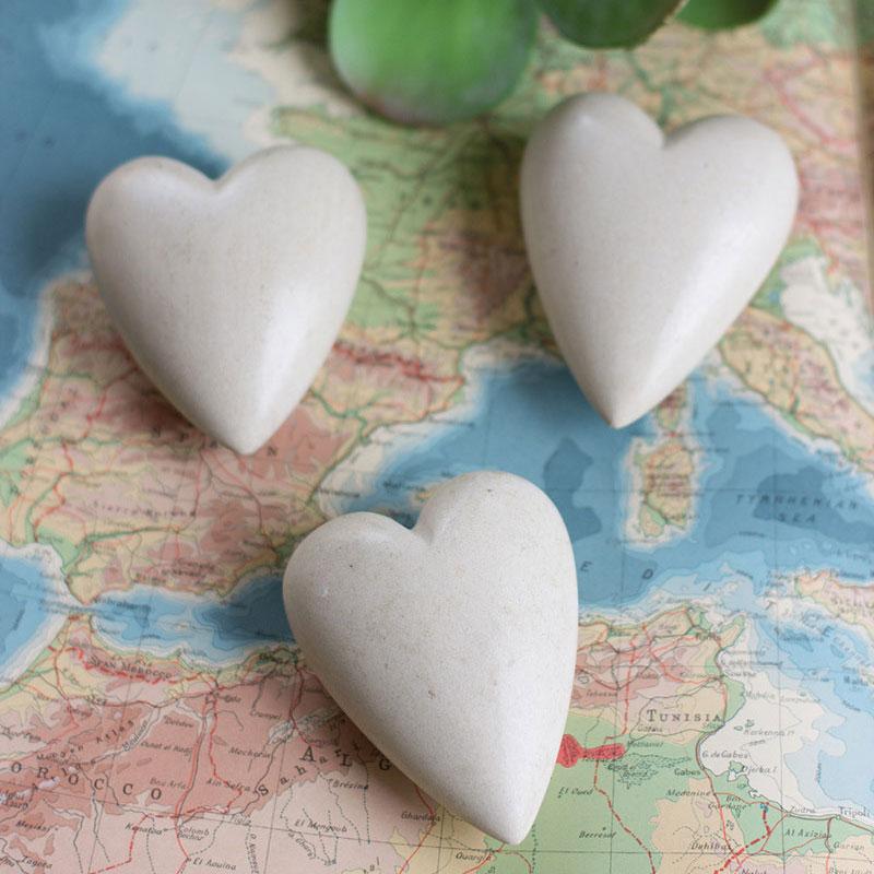 Set of 6 White Hand-Carved Stone Hearts